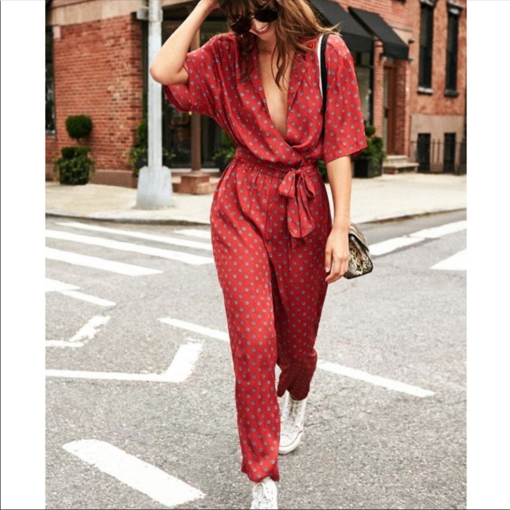 Urban Outfitters Red Silk Jumpsuit